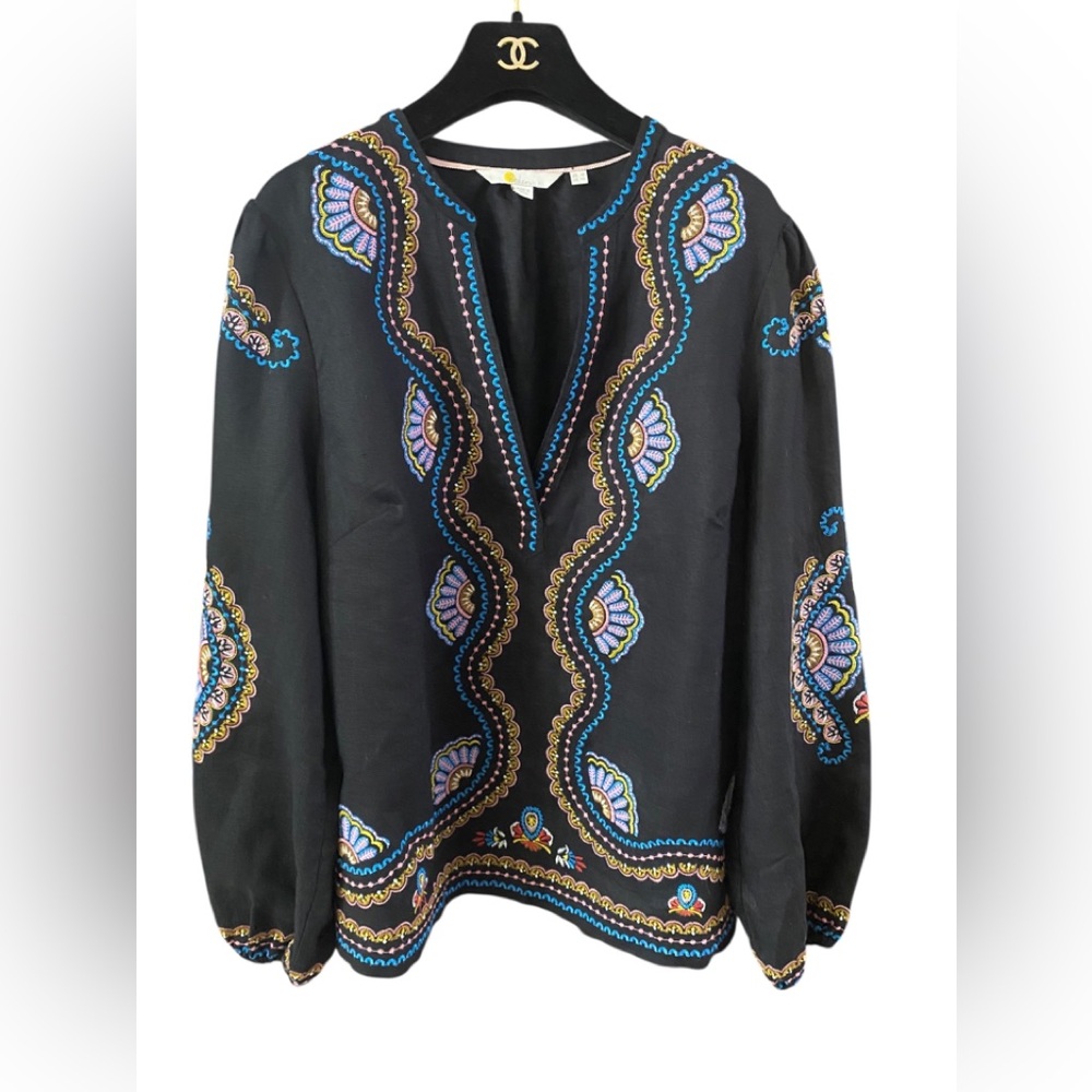 Boden Linen Blouse with Decorative Embroidery Around Neckline Along the Sleeves